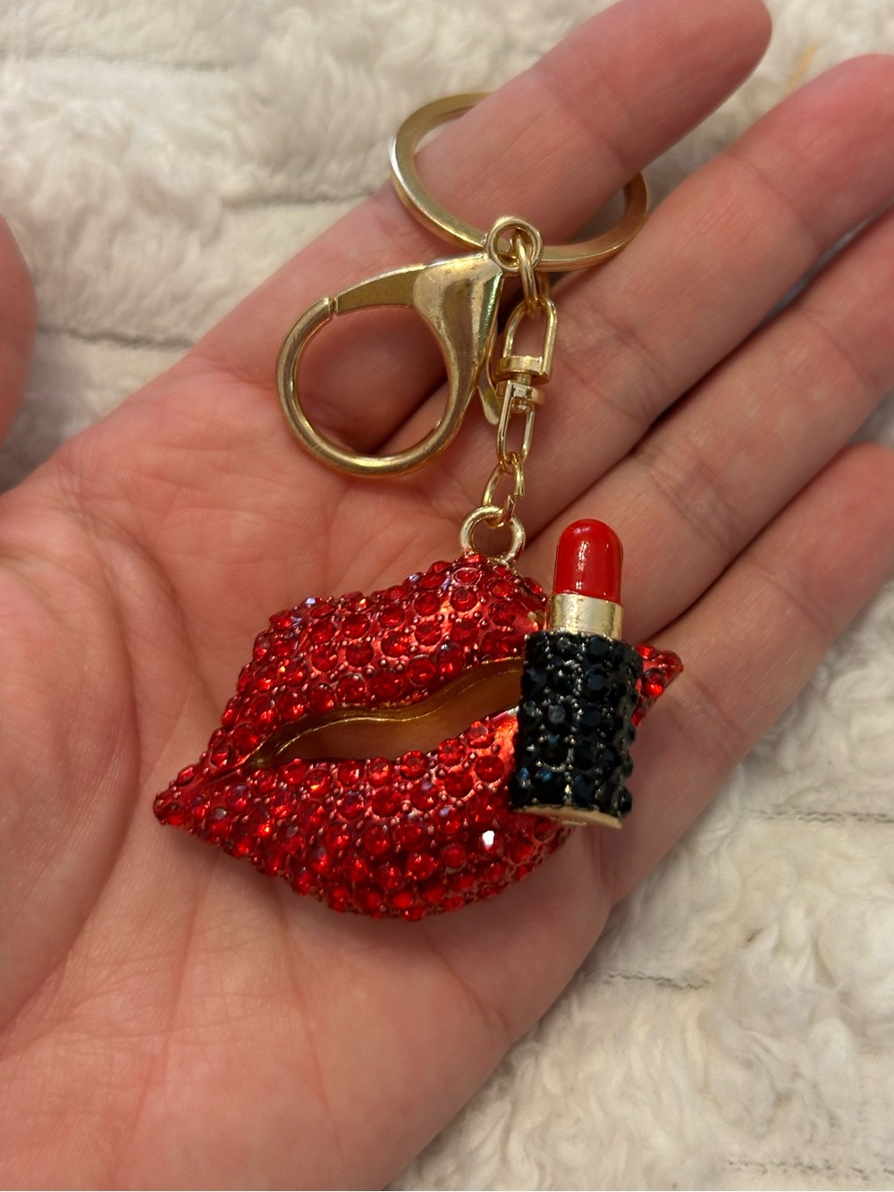 Rhinestone Red Lips & Lipstick Keychain | Bling Purse Charm | Gold Tone